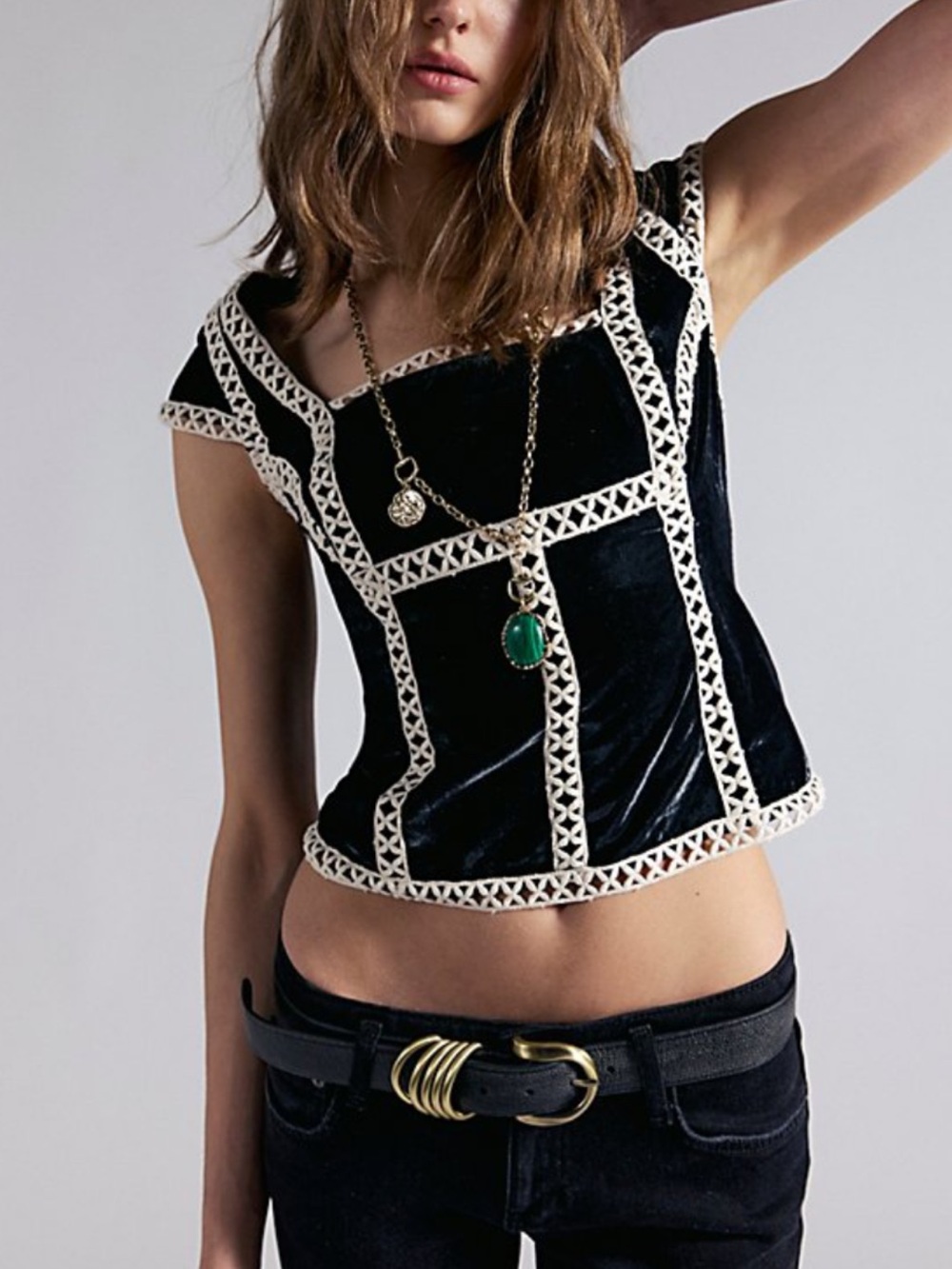 FREE PEOPLE Tyler Velvet Lace-Trim Corset Top XS MSRP $148 Renaissance